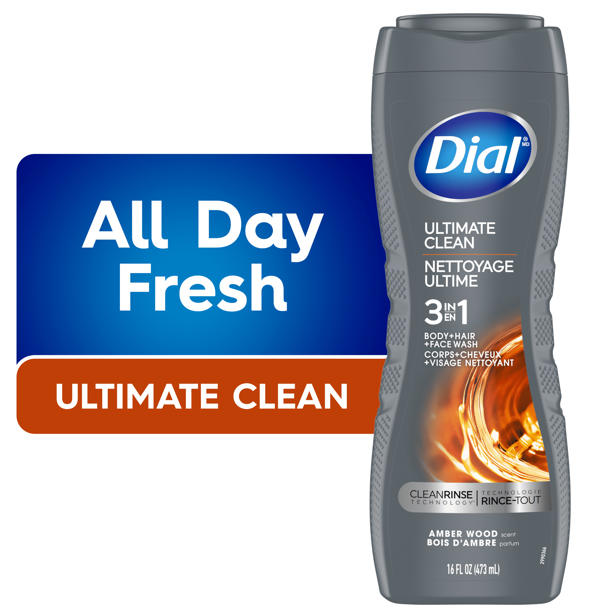 Dial Men 3in1, Body, Wash, Hair Wash, Face Wash, Amber Wood Scent, 473ml, Dermatologist Tested, Free from Silicones, Parabens, Phthalates, 1 Bottle, 473mL