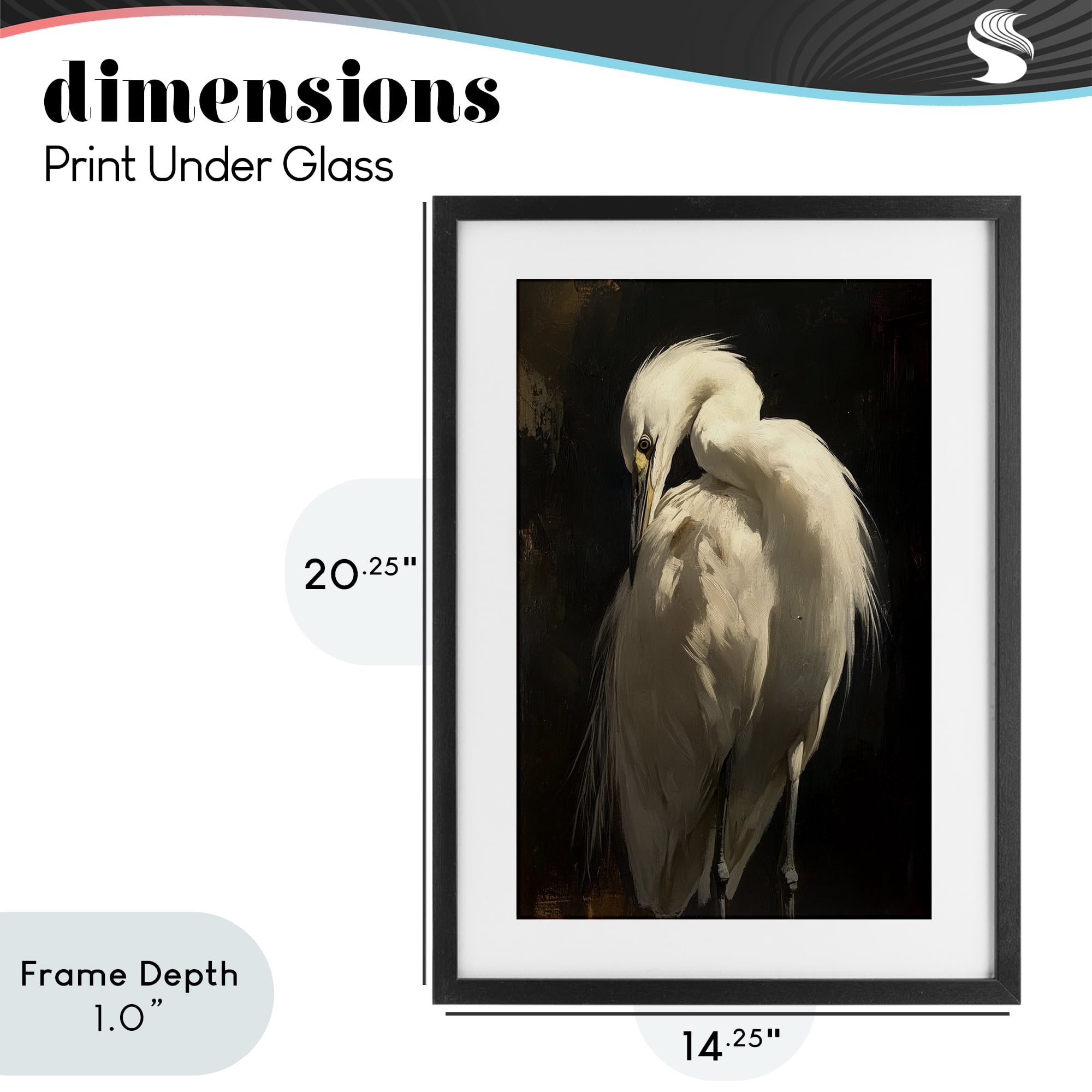 Stupell Industries Feathered Egret in Soft Light Black Framed Print Under Glass, design by Petal Prints Design