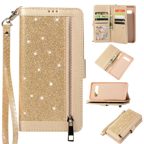 Zipper Wallet Case for Samsung Galaxy S10  Plus Phone, Allytech Bling Glitter Leather Case with 9 Credit Card Holder Flip Magnetic Closure Stand Cover with Cash Pocket and Hand Strap, Gold
