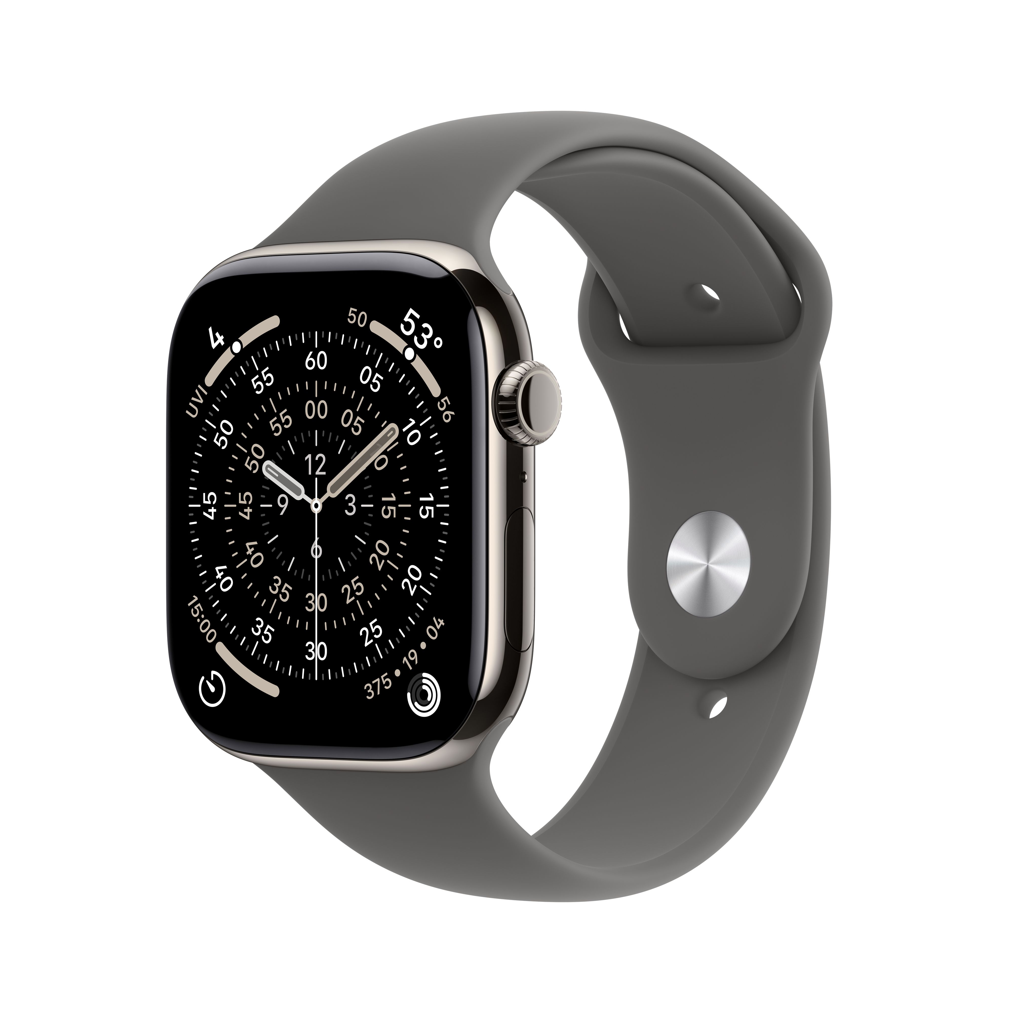 Apple Watch Series 11 [GPS + Cellular 46mm] Smartwatch with Natural Titanium Case with Stone Gray Sport Band - S/M