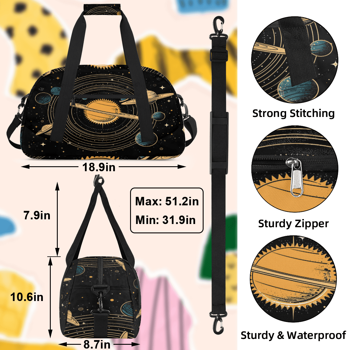 Herdesigns Universe Solar System Planets Sports Duffle Bag for Women & Men, Gym Bag Dance Bag Overnight Bag Carry On Weekender Travel Bag