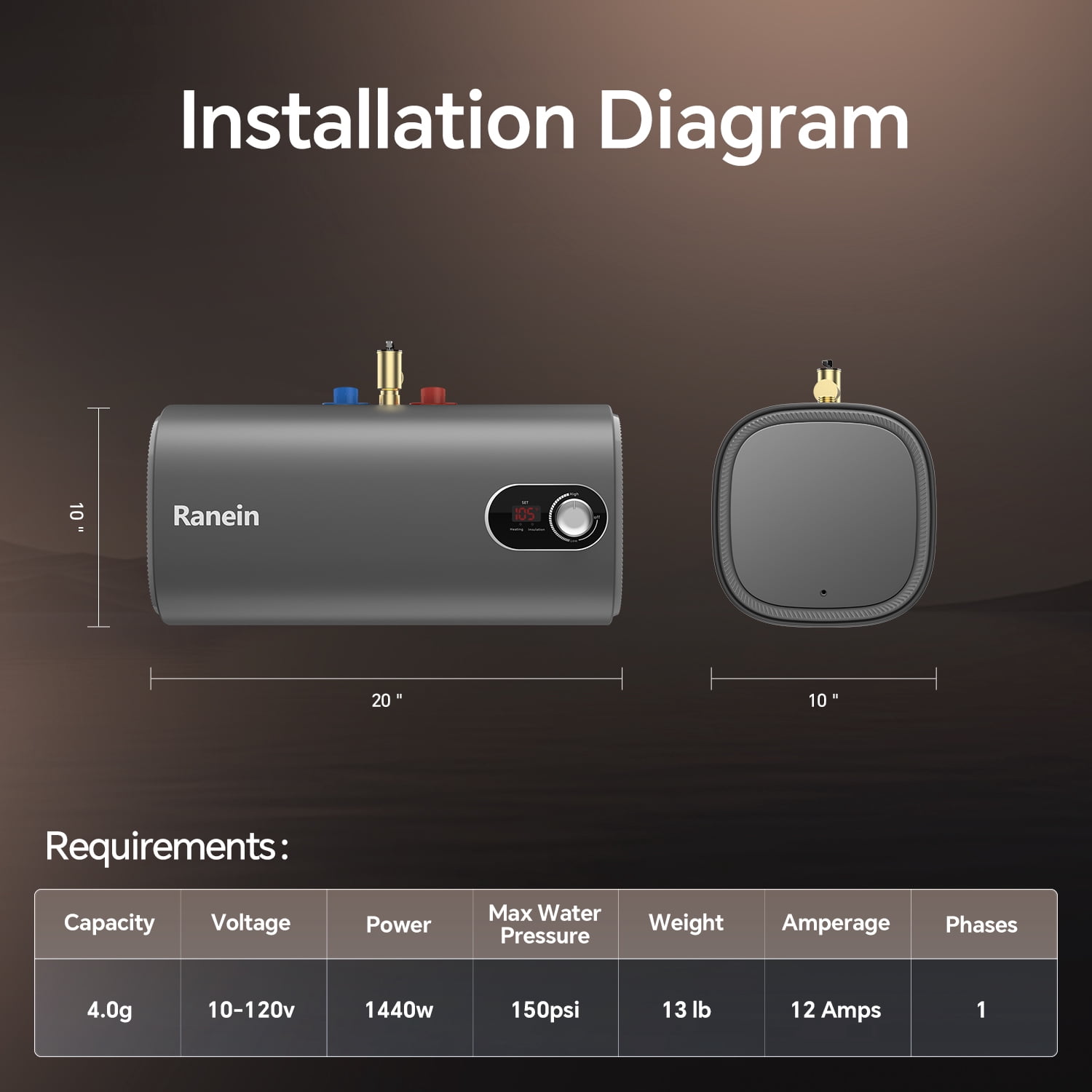 Ranein 4.0 Gal Mini Tank Water Heater, 1440W 110V Under Sink Point of Use Hot Water Heater, Wall/Floor Mount