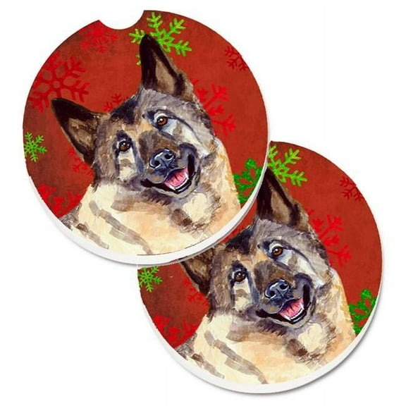 Norwegian Elkhound Red & Green Snowflakes Holiday Christmas Set of 2 Cup Holder Car Coaster