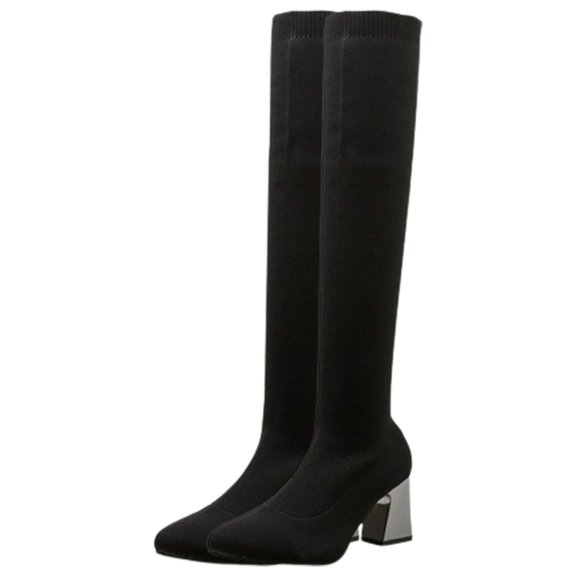Tuphregyow Women's Plus Size Stretchy Knitted Cotton Over the Knee Boots for Fall and Winter Slimming Black 37