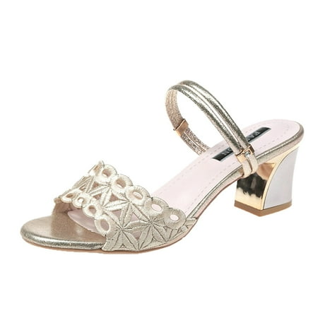 

Sandals Women Fashion Summer Women Sandals Thick Heel Low Heel Double Strap Shiny Sequins Sexy Womens Sandals Pu Gold 39