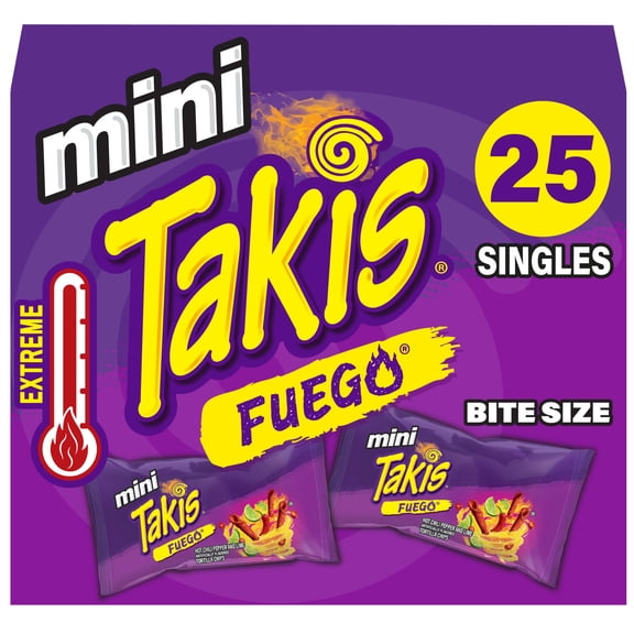 Takis Fuego Mini 25 pc / 1 oz Bite Size Box, Hot Chili Pepper & Lime Rolled Tortilla Chips