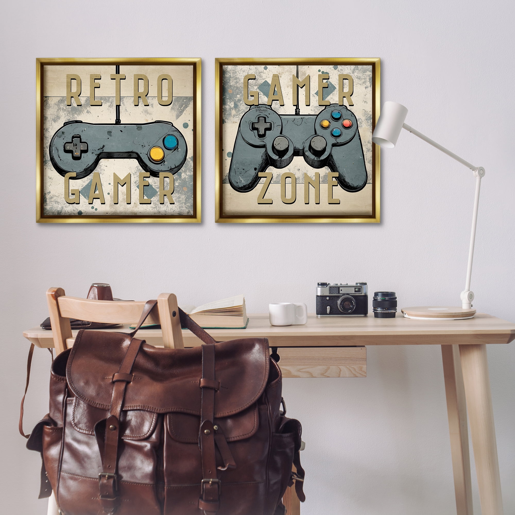 Stupell Industries Retro Gamer Controllers Entertainment Painting Gold Floater Framed Canvas Art Print Wall Art, 25 x 25, Set of 2