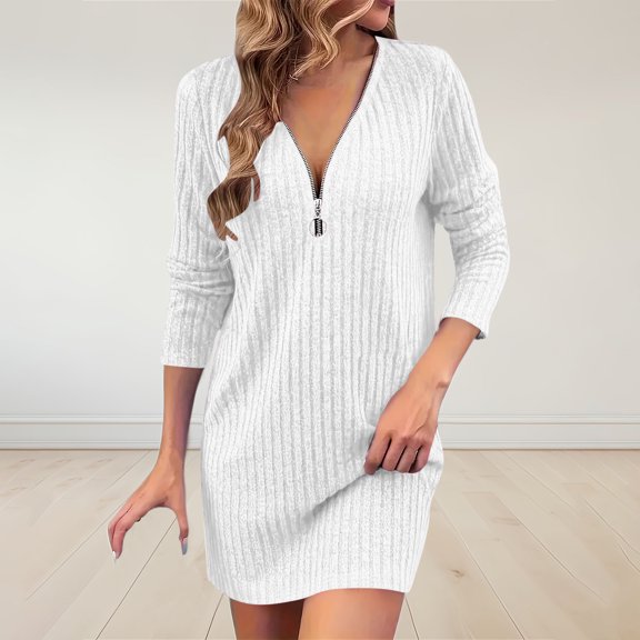 Womens Ribbed Knit Dresses Long Sleeve V Neck Quarter Zipper Solid Color Fashion Casual Fall Tunic Dress White XXL
