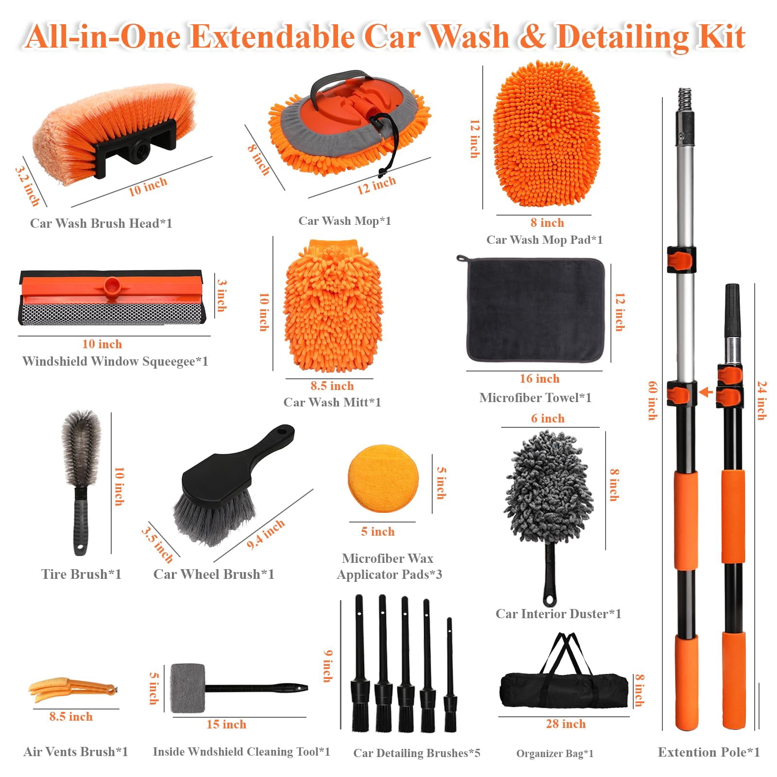 21Pcs Car Wash Kit with 60" Heavy-Duty Extension Pole, Soft Car Wash Brush, Wheel & Tire Brush, Scratch-Free Car Mop Mitt & Window Squeegee, Detailing Tool for Car Exterior & Interior Cleaning
