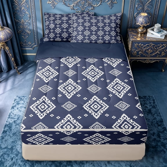 jejeloiu Aztec Geometric Zipper Twin Comforter Sets with Fitted Sheet and 2 Pillowcases For Men Women,Boho Diamond Zipper Bedding Set,Navy White,Navy Blue Reversible,4-Piece