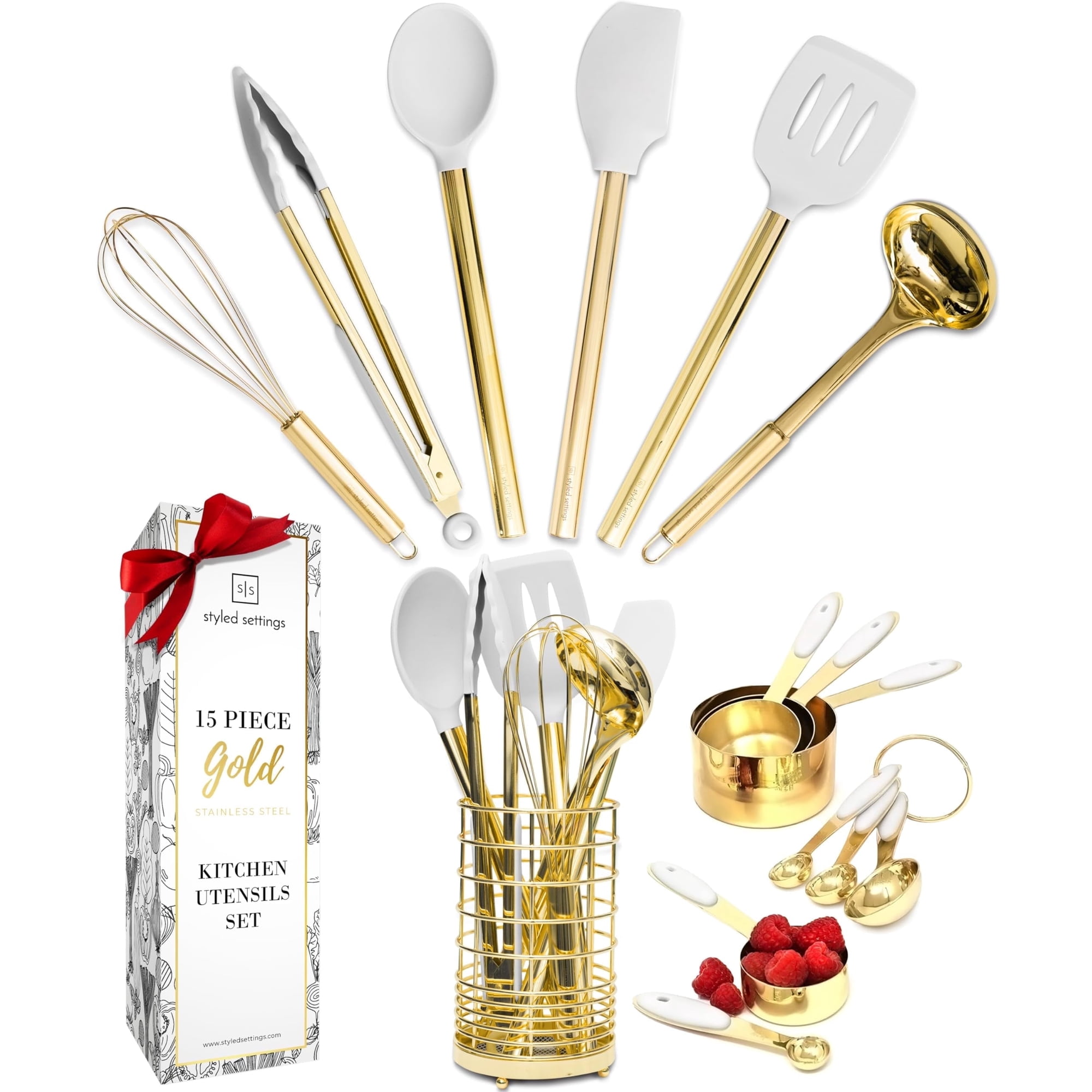 Styled Settings White and Gold Kitchen Utensils Set - 15-Piece Non-Scratch, White and Gold Utensils Set Includes White Silicone Cooking Utensils and White and Gold Measuring Cups and Spoons