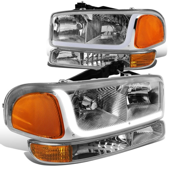 DNA Motoring For 99-07 GMC Sierra Yukon LED DRL Headlight w/Bumper Signal Lamp Pair Chrome Amber