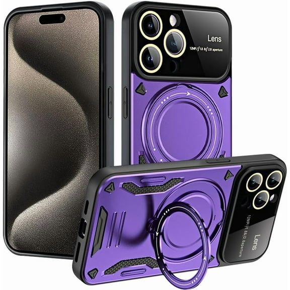 Case for iPhone 13 pro max with Magnetic Attraction 360° Ring Stand Cover for iPhone 13 pro max with Screen Camera Protector Hard PC TPU Case Purple