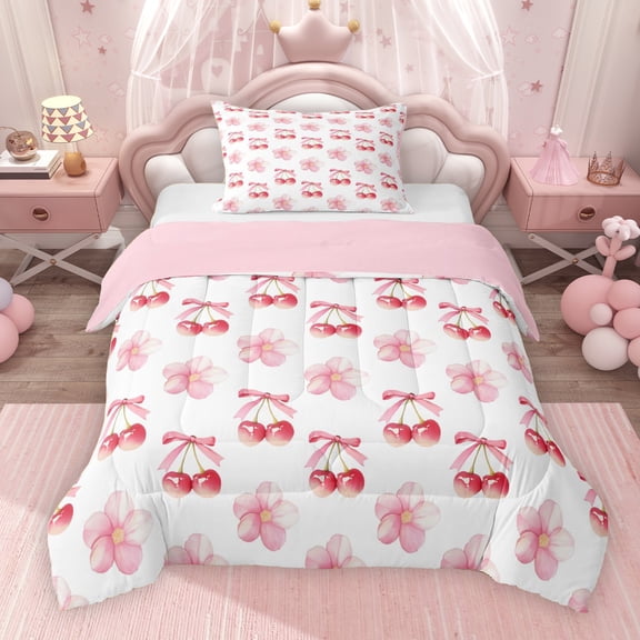 Erosebridal Pink Cherry Blossoms Twin Comforter Sets for Kids Girls, Kawaii Cherry Bow Bedding Set, White Pink, Pink Reversible 2-Piece, 1 Comforter and 1 Pillowcase