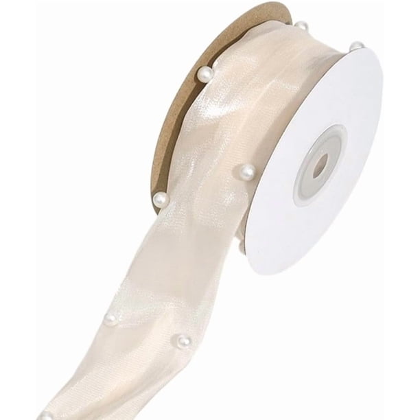 Cinta transparente de perlas color champán de aproximadamente 5 yardas, con cuentas blancas para novias, cintas de organza de gasa con cola de pez.