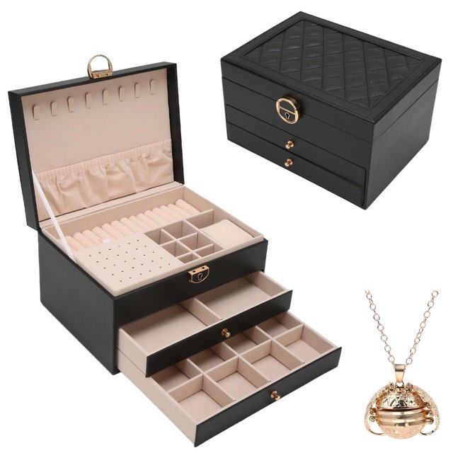 Caja Joyero, Alajero Grande de 3 Niveles Relicario Incluido Caja de Almacenamiento para Guardar Collares, Anillos, Aretes, Reloj, Pulseras, Organizador de Joyas Alhajero, Diseño Elegante