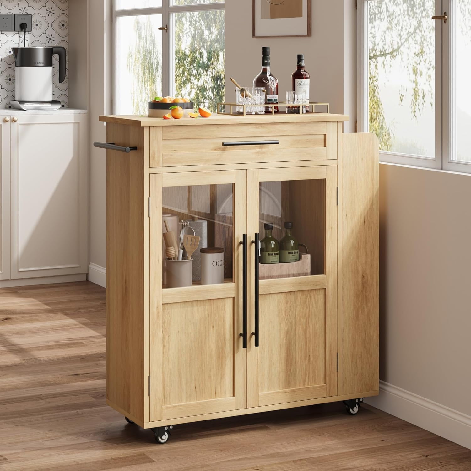 Rolling Wooden Kitchen Island with Drawer, Home Kitchen Cart with Storage Cabinet on Wheels, Thicker Wooden Top Portable Trolley Island with 3 Spice Rack for Kitchen, Dining Room