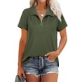 thumbnail image 2 of Camisas de color puro para mujer, blusa con cremallera y cuello en V, camisetas de manga corta con cuello en V hechas con cuidado, 2 of 6