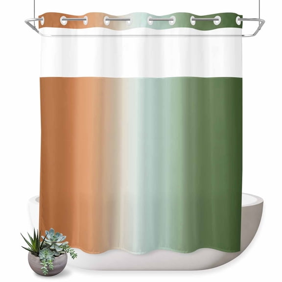 No Hook Shower Curtain, Sage Green Orange Ombre Shower Curtains for Bathroom with See Through Top Window, Abstract Modern Art Aesthetics Waterproof & Washable Bath Curtain Long 72"x78"