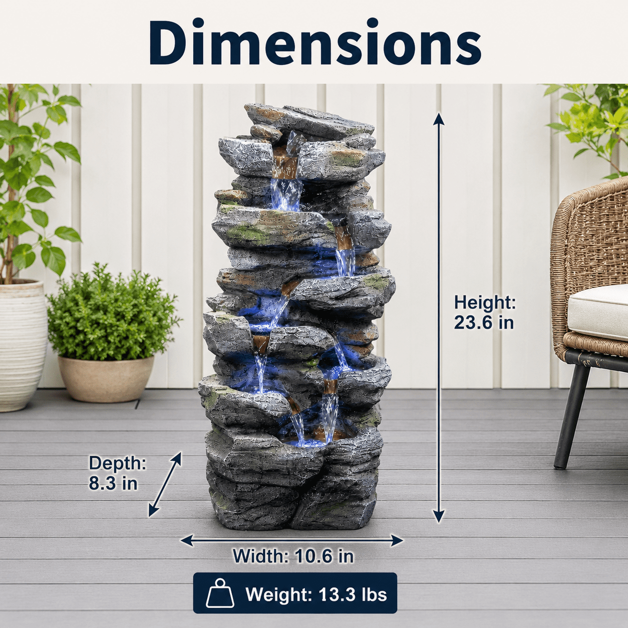 Aukfa Outdoor Rock Water Fountain with LED Lights, Resin Cascading Waterfall Feature for Patio Backyard Lawn,Gray