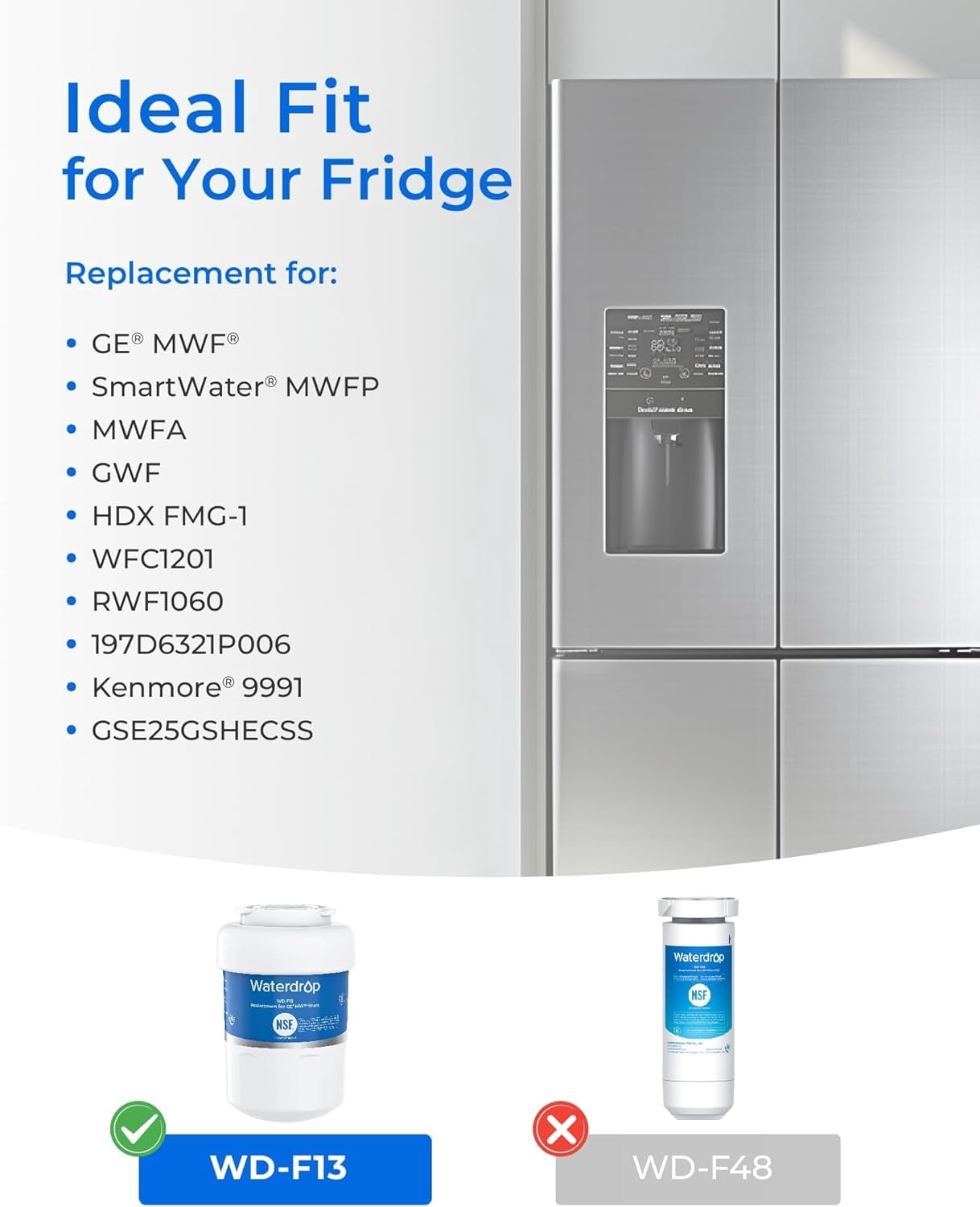 Waterdrop MWF Refrigerator Water Filter, NSF 42 Certified, Compatible with GE SmartWater MWF, MWFINT, MWFP, MWFA, GWF, HDX FMG-1, GSE25GSHECSS, WFC1201, RWF1060, Kenmore 9991 (Pack of 6)