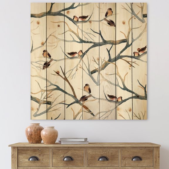 Designart 'Little Birds Sitting On The Tree Branches I' Traditional Print on Natural Pine Wood