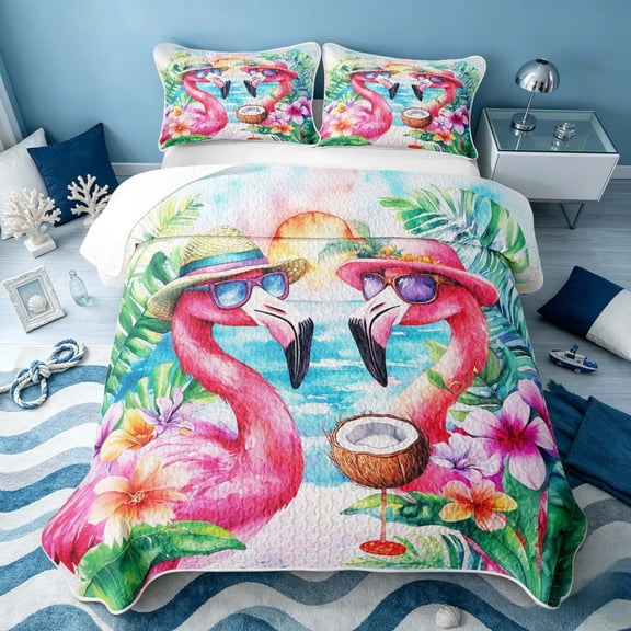 Erosebridal Coastal Flamingo Twin Quilt Set, Ocean Animal Twin Coverlet Set, Polka Dots Reversible 2pcs, 1 Bedspread and 1 Pillowcase