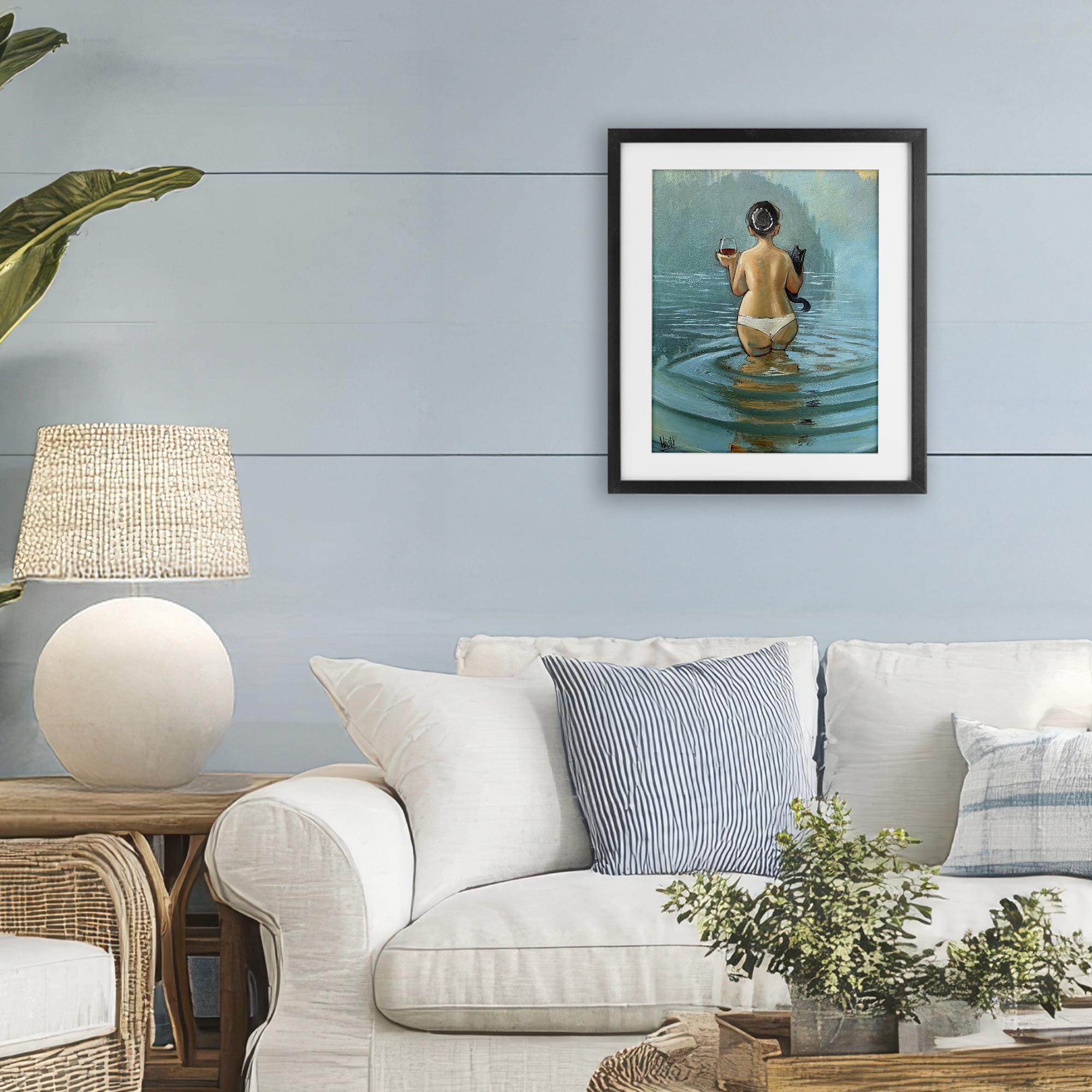 Stupell Industries Cat & Wine Dip At Twilight Black Framed Print Under Glass, design by Ronald West