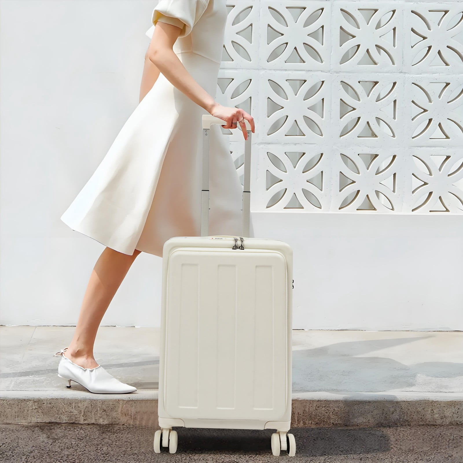 14in Carry on Luggage Hard Shell Suitcases with Laptop Compartment, Rolling Luggage with Access to Central Compartment Hardshell (White)