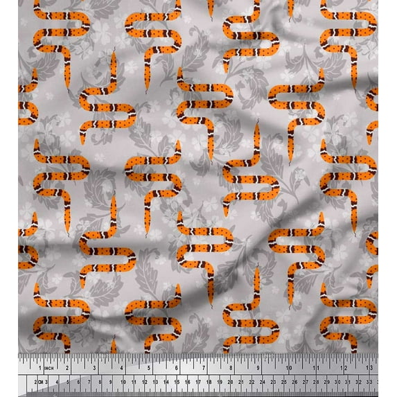 Soimoi Gray Poly Georgette Fabric Leaves,White Floral & Snake Reptile Decor Fabric Printed BTY 42 Inch Wide