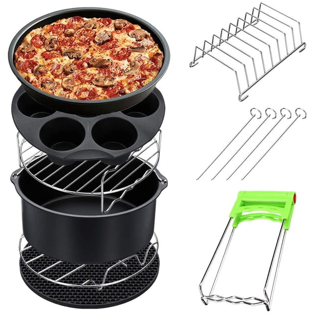 8 Pieces Air Fryer Accessories Set For Grill Pot Baking Cooking Include Cake Pan Pizza Mat Skewer Rack Clip Non Stick Coating Compatible With 3.7-5.8 Qt Air Fryers