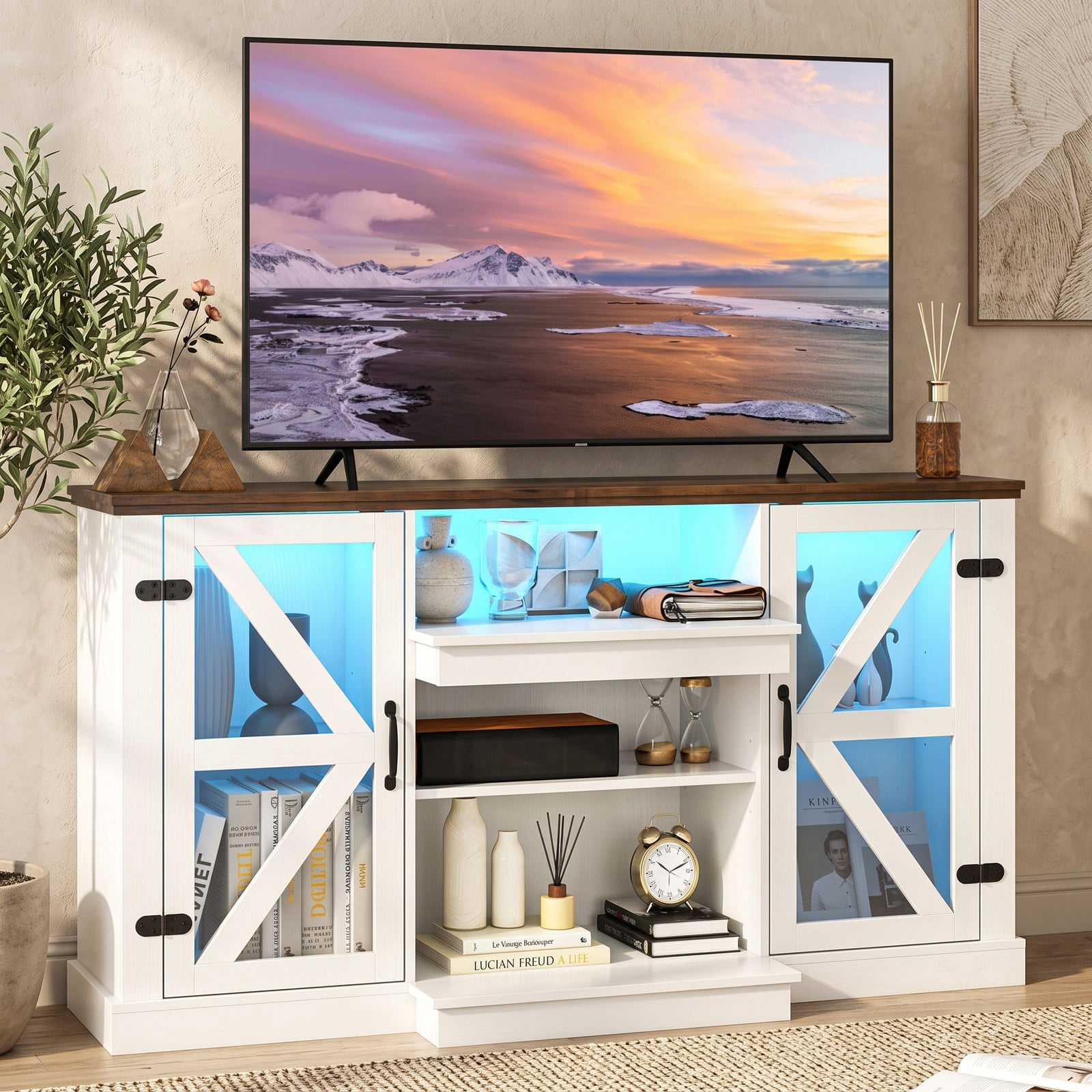 Furnibear 59 Inch LED Media Console Table, Modern TV Stand Entertainment Center with Tempered Glass Doors, 3-Level Adjustable Shelves, 22 Dynamic RGB Light, White