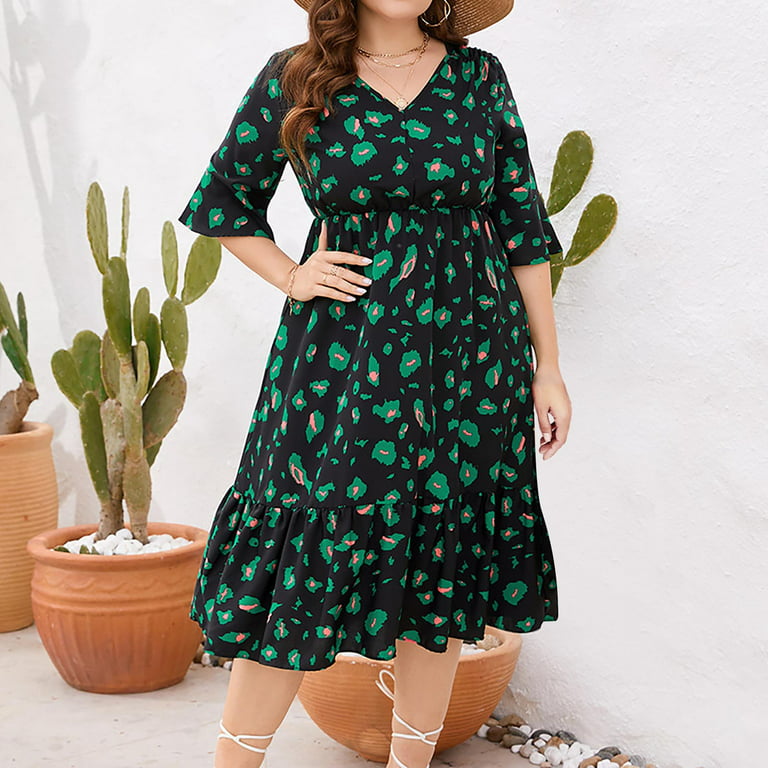 Womens Plus Size Dresses Large Bust Puff Sleeve Hide Belly Casual Loose  Pleated Midi Dress for Women Knee Length 
