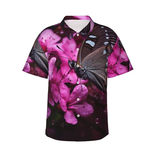 Balery Pink Blossoms Butterfly Camisas hawaianas de manga corta para hombre, camisas playeras de corte holgado, camisas de vacaciones con botones,XX-Large