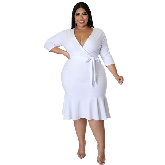AURA Women V Neck Lace Ruffle Dress Casual Midi Summer Elegant Loose Fit Dress