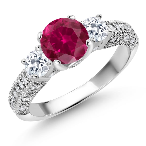 Gem Stone King 925 Sterling Silver Red Created Ruby White Topaz and White Moissanite Engagement Ring for Women (2.29 Cttw, Gemstone July Birthstone, Round 7MM and 4MM, Size 5)
