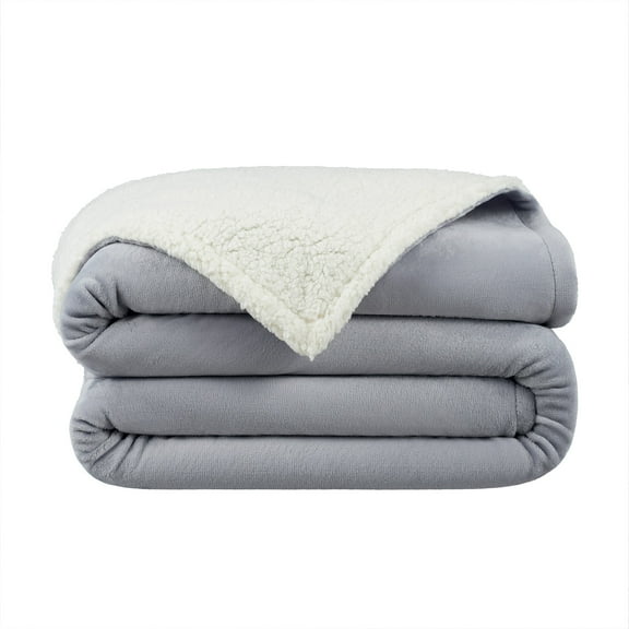 Host & Home Plush Sherpa 2-SidedBlanket, Plush Mink Velvet Face, Plush Sherpa Reverse, Full/Queen 90x90, Grey