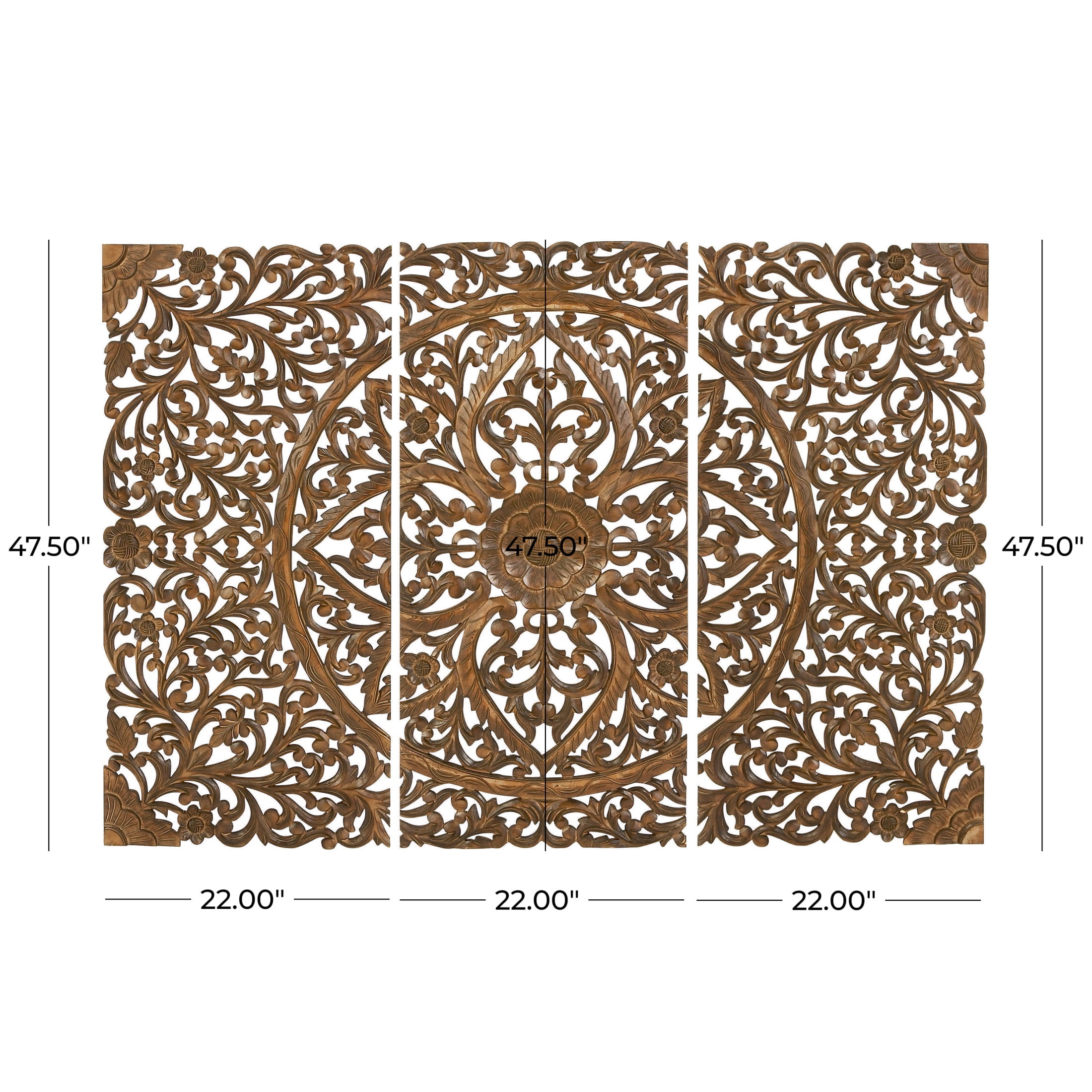DecMode Brown Wooden Handmade Intricately Carved Floral Wall Decor (3 Count)