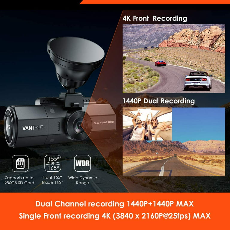VANTRUE N2S 4K GPS Dashcam Vision Nocturne IR, Double 1440P Caméra  Embarquée Avant et Arrière pour Voiture, 24H Double Surveillance du  Parking, Capteur G, Super condensateur, 2 Pouces 320° Max 512 Go 