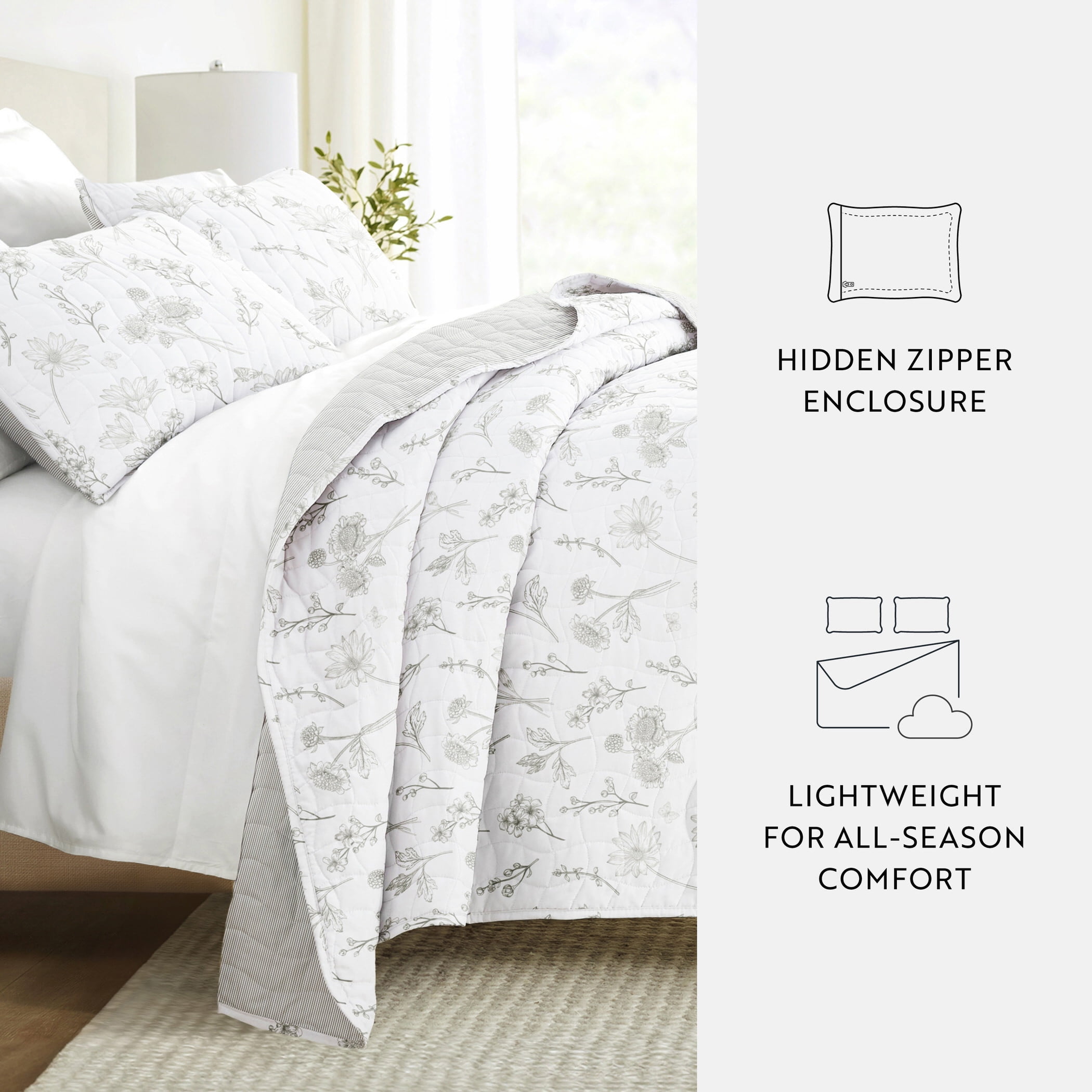 Noble Linens 3-Piece Light Gray Blooming Daisy Reversible Quilt Set, Twin