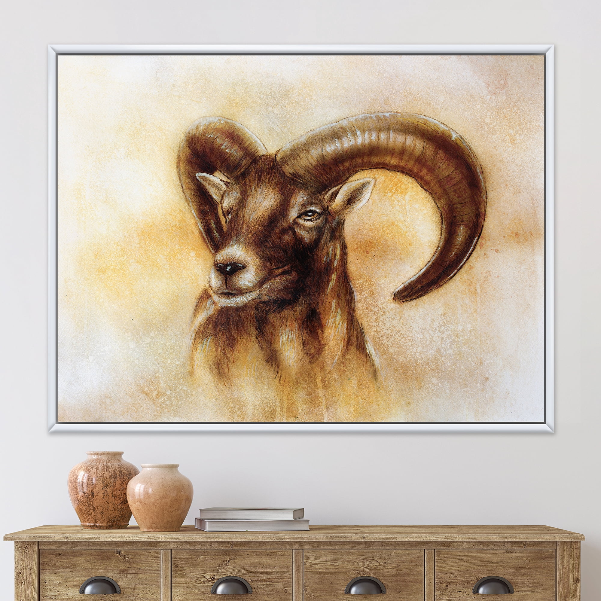 Designart 'Abstract Portrait of Wild Ram With Mighty Horns I' Modern Framed Canvas Wall Art Print