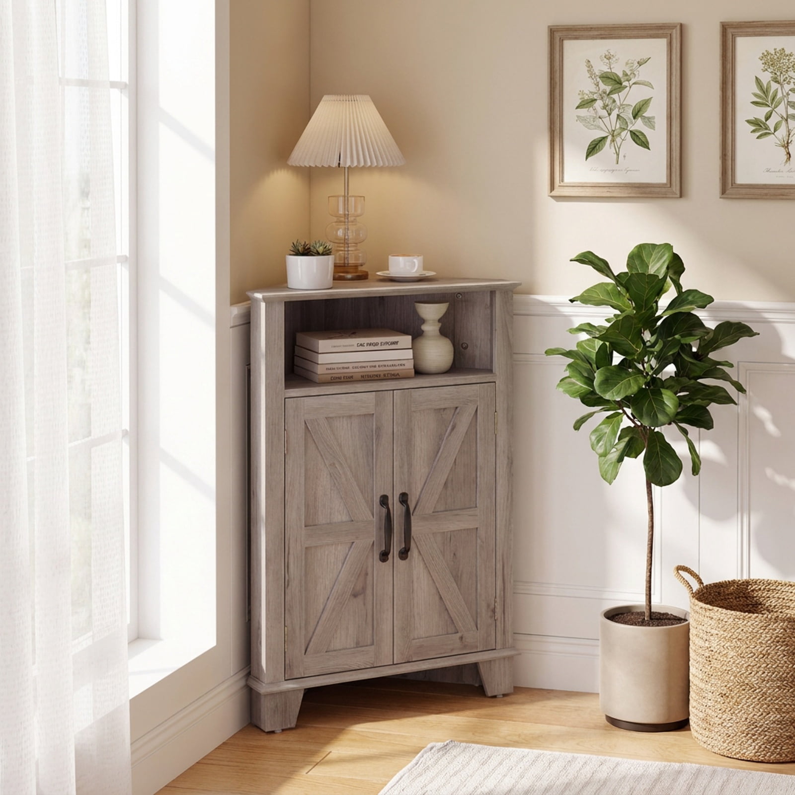 Furnibear 4 Tier Corner Accent Cabinet with Doors Open Shelf and Adjustable Storage for Kitchen Living Room and Entryway, Gray