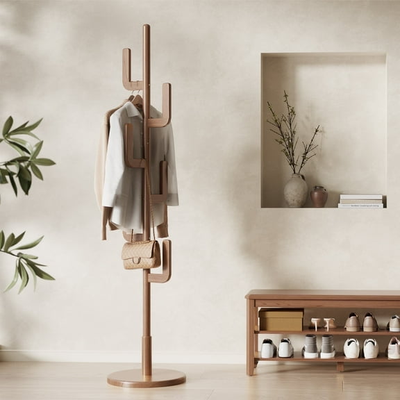 KASLANDI Wood Cactus Coat Rack, Freestanding Coat Rack With 6 L-Shaped Hooks and 3 Adjustable Sizes, Coat Tree, Coat Hanger Stand (Walnut)