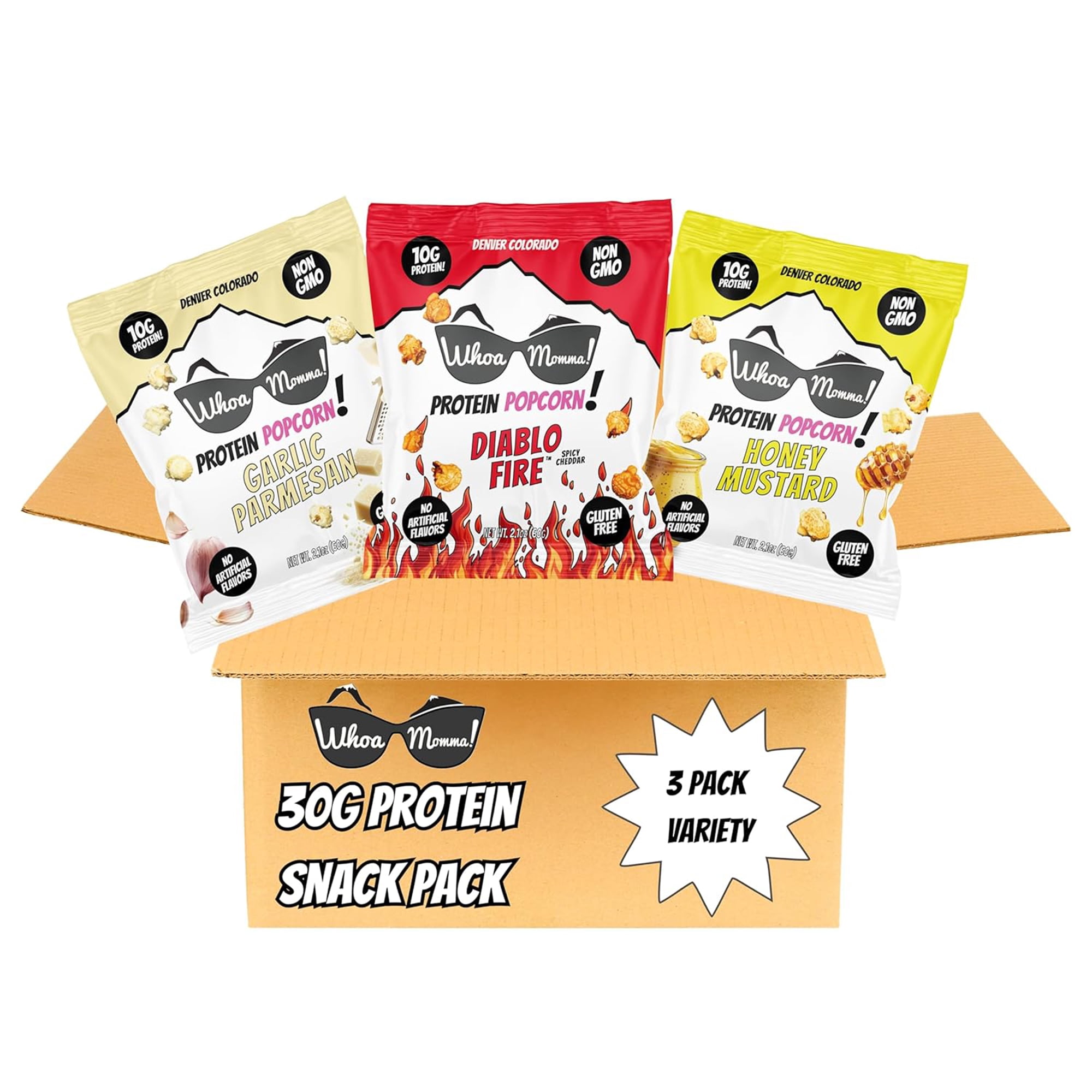 Whoa Momma! Protein Popcorn Variety Pack, High Protein, Gluten Free Popcorn, 12-pack of 1oz Bags (4 of Each Flavor)