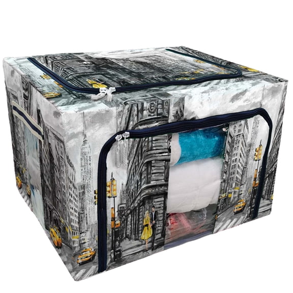 PKQWTM Street New York Man Woman Yellow Taxi American City Storage Bag Clear Window Storage Bins Boxes Large Capacity Foldable Stackable Organizer With Steel Metal Frame For Clothes,Closets, Bedrooms