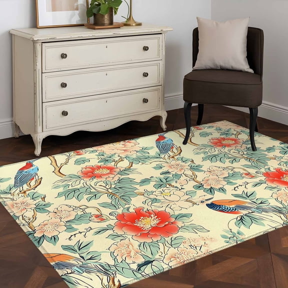 3'x5' Area Rugs, Red Pink Floral Indoor Outdoor Area Rug for Living Room Bedroom, Vintage Watercolor Bird Flower Leaf Plant Washable Bathroom Rugs Kitchen Floor Carpet Mats Home Decor Aesthetic