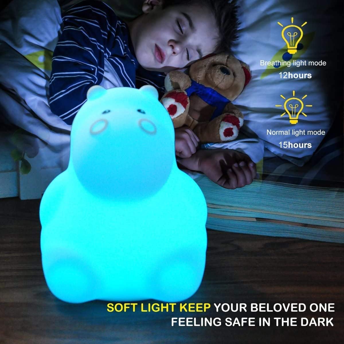 Night Light for Kids, 9 Colors, Baby Night Light, Rechargeable Bedside Lamp with Remote Control, Dimmable, Kindergarten Lamp, Sleep Lamp - Hippopotamus