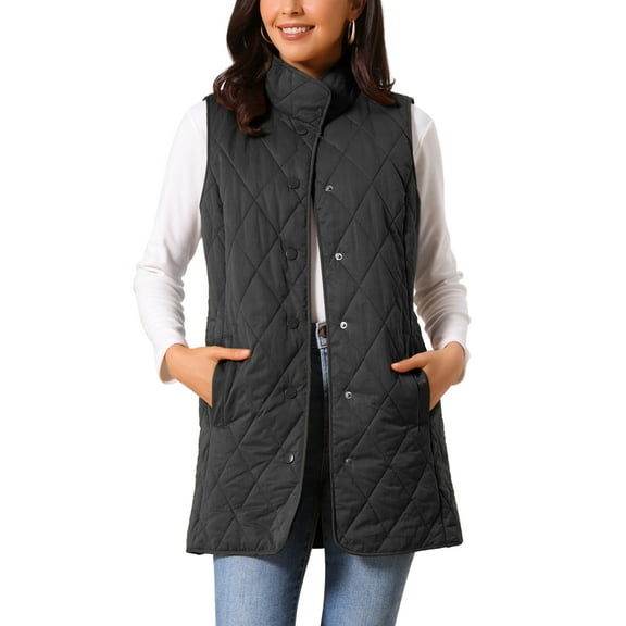 Women's Long Puffer Vest Stand Collar Sleeveless Puffy Jackets Lightweight Gilet Quilted Warm Coat S Black