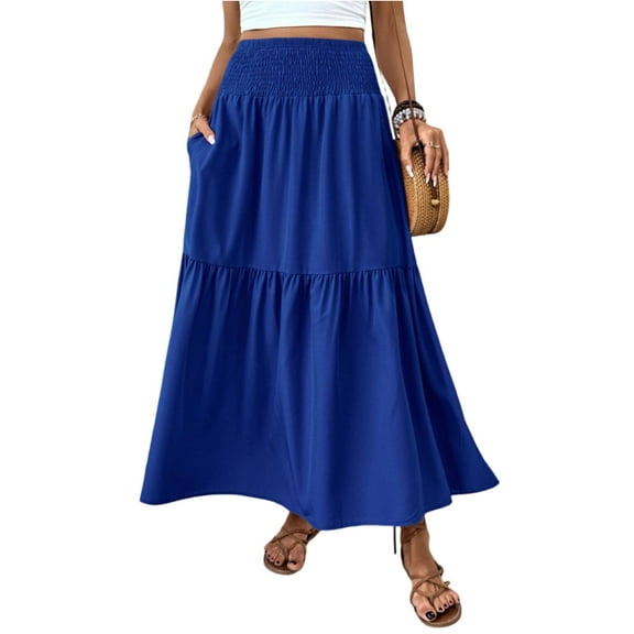 Yucgh Women's Pleated A-line Midi Skirt with Elastic Waist, Solid Casual A Line Skirt with Pocket, Flowy Summer Skirts,Royal Blue,L