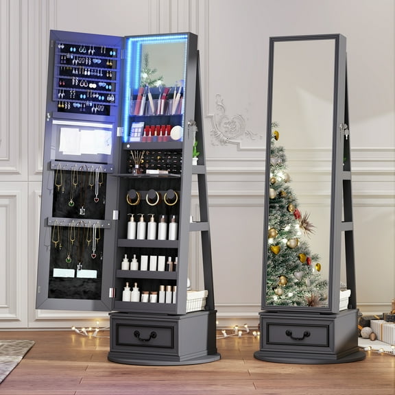 VKCC 63.4" Rotating Jewelry Armoire with Full-Length Mirror, LED Lights & Lockable Storage Cabinet, Grey